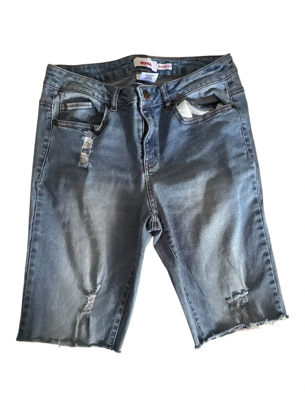Women’s Authentic Bongo Distressed Denim Bermuda Cutoffs Shorts in Faded Blue